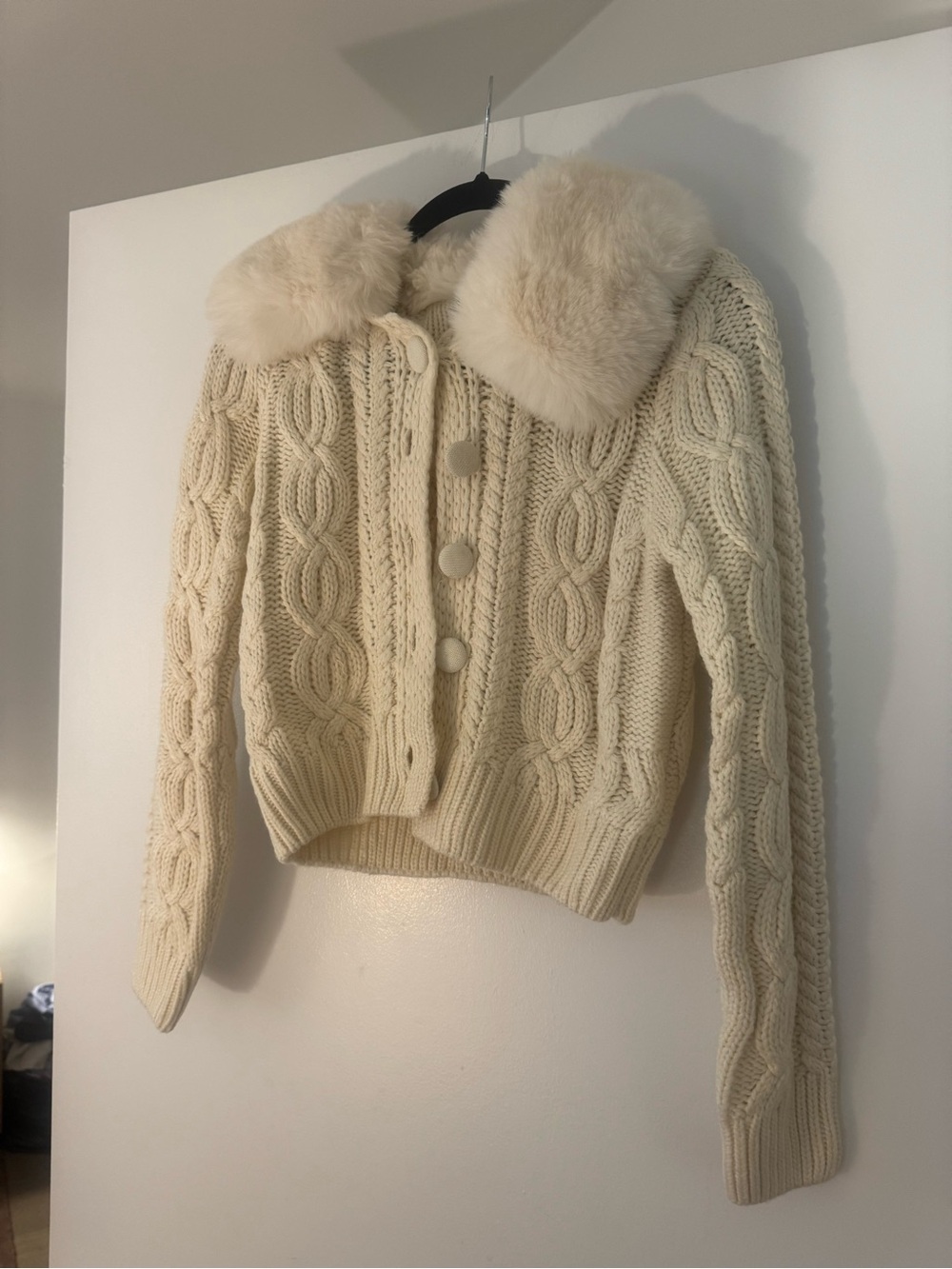Aqua Cream Cable-Knit Cardigan with Faux Fur Collar
